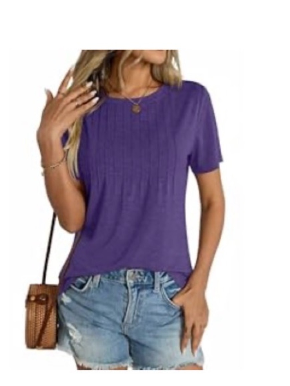 Casual Short-Sleeve Pleated Purple Top M